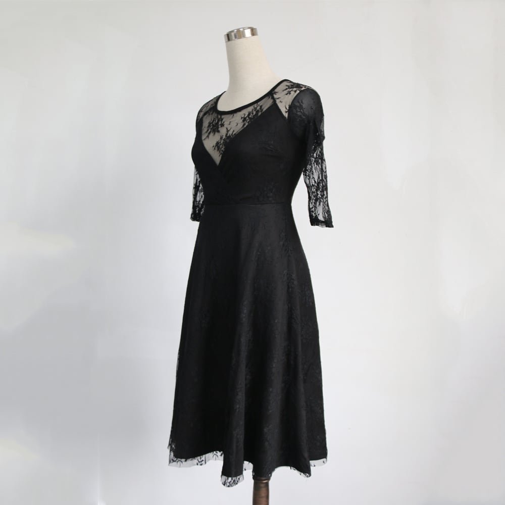 Crossdresser V-Neck Vintage Casual Solid Lace Cocktail Party A-Line Swing Dress