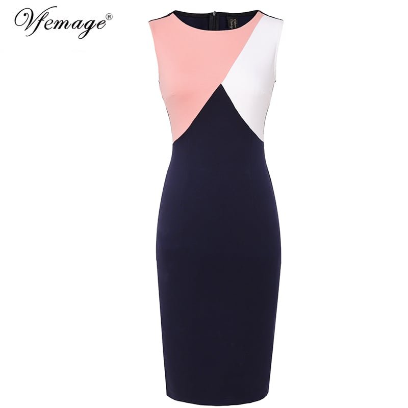 Crossdresser Mix Color Contrast Patchwork Slim Office Lady Dress