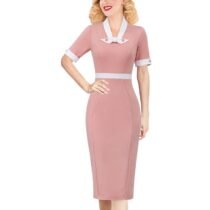 Bow Neck Buttons Patchwork Cocktail Party Bodycon Pencil Dress-0