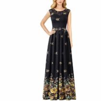 Elegant Floral Lace Print Maxi Long Gowns Flare A-Line Dress-15018