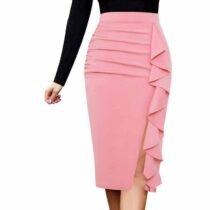 Elegant Ruched Ruffles Lace Solid Zipper Slit Slim Skirt-15190