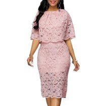 Elegant Sexy Hollow Out Pink Lace Dress Women Autumn Casual Plus Size O-neck Half Sleeve Slim Solid Office Pencil Dress Vestidos-0