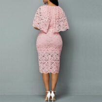 Elegant Sexy Hollow Out Pink Lace Dress Women Autumn Casual Plus Size O-neck Half Sleeve Slim Solid Office Pencil Dress Vestidos-15216