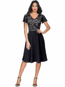 Floral Lace Flora Patchwork Fit and Flare Skater A-Line Dress-15320