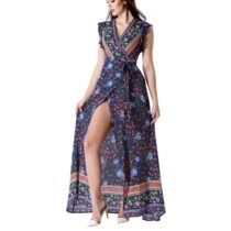 Floral Print Ruffle Frill Sleeve Pockets Split Belted Wrap Maxi Dress-15376