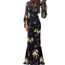 Front Floral Lace Flare Bell Sleeve Evening Bodycon Maxi Dress-0