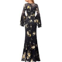 Front Floral Lace Flare Bell Sleeve Evening Bodycon Maxi Dress-15398