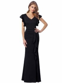 Front Zipper Deep V Neck Ruffles High Slit Mermaid Maxi Dress-0