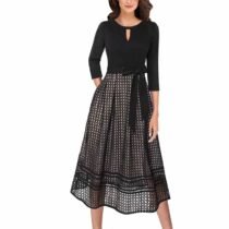 Mesh Keyhole Patchwork Pockets Belted Pleated A-Line Midi Dress-0