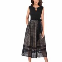 Mesh Keyhole Patchwork Pockets Belted Pleated A-Line Midi Dress-15567