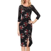 Ruched Ruffles Slit Lace Formal Cocktail Bodycon Pencil Dress-0