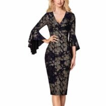 Crossdresser V-neck Flare Bell Sleeve Snakeskin Leopard Slim Cocktail Party Pencil Dress-0