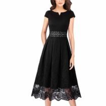 Crossdresser V Neck Patchwork Pleated Party Flare A-Line Skater Dress-0