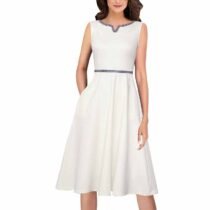 Crossdresser V Neck Patchwork Pleated Party Flare A-Line Skater Dress-15912