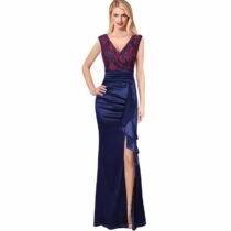 Crossdresser V Neck Ruched Ruffles Lace Satin Patchwork Party Maxi Dress-0